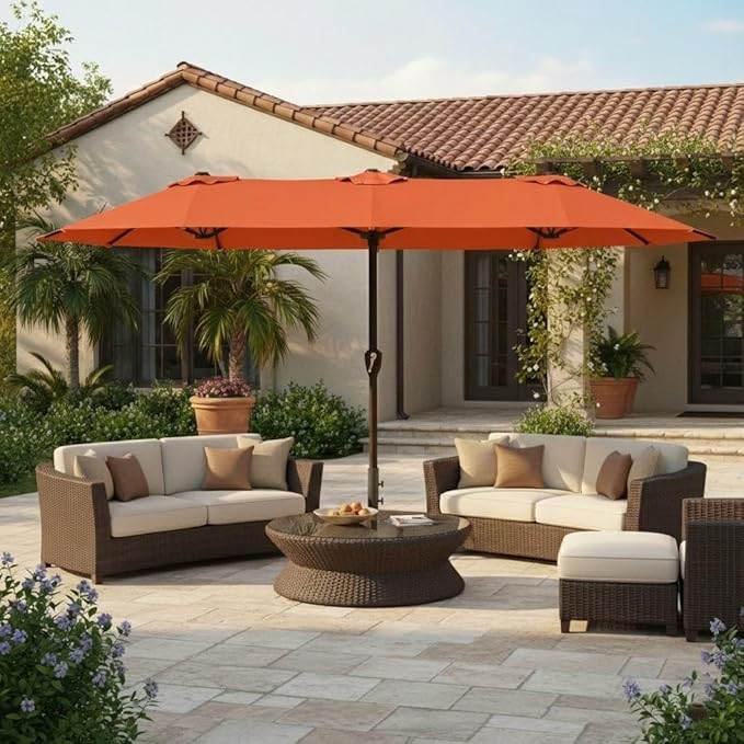 15FT Large Patio Umbrella with Base, Double Sided Rectangular Outdoor Umbrella with Sturdy Fiberglass Ribs, UPF 50+ Sun Protection, Wind-Resistant, Waterproof Fade-Resistant Fabric for Pool, Garden, Backyard, Deck(Orange)