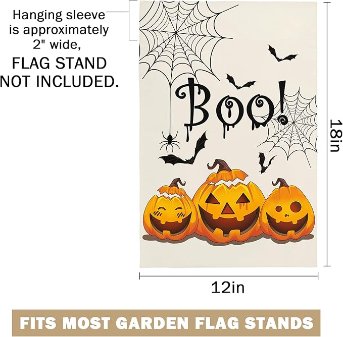 Halloween BOO Garden Flag 12X18 IN Double Sided Scary Night Pumpkin Bat Trick or Treat Garden Flags for Happy Halloween Farmhouse Yard Outside Decoration