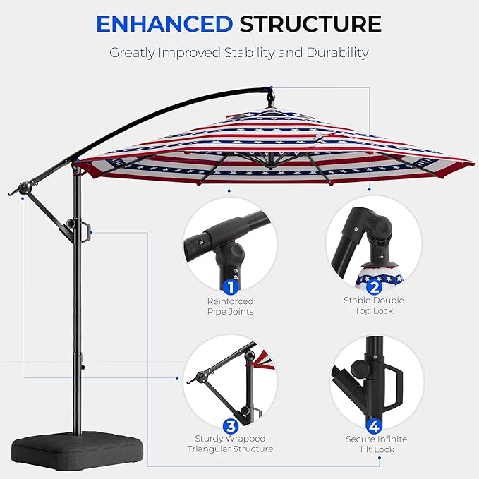 HOMSHADE 10ft Offset Patio Umbrella - w/Base, Cantilever Offset Hanging Patio Outdoor Market Umbrella UPF50+ UV Protection with Easy Tilt and Crank for Pool Deck and Garden(Red & Blue Star Stripes)