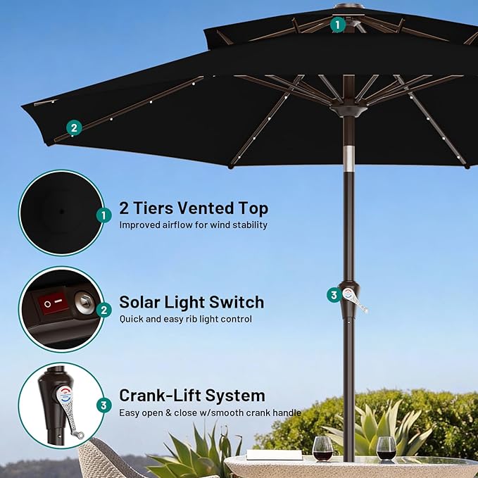 AreShark 9ft 2 Tiers Patio Umbrella with Solar Lights, Outdoor Umbrella w/ 32 LED Lights&8 Sturdy Ribs, Table Umbrella for Deck, Backyard, Pool(Black)