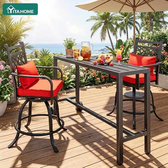 YITAHOME Outdoor Bar Table, 55" Narrow Metal Patio Bar Height Table, Rectangle Console Table with Wheels, Tall Counter for Garden Poolside, Silver Bottom Texture