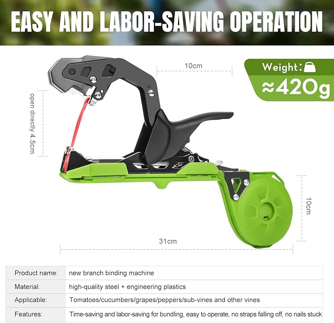 Cekegon Plant Tying Machine, 420g Tapener Tying Tool Plant Tying Tool with 10000pcs Staples 20 Rolls Tape (Green)