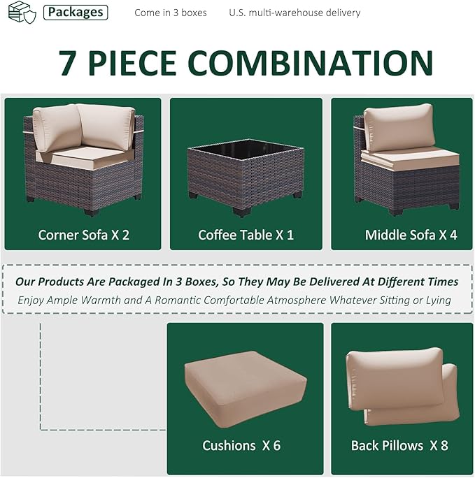 7 Pieces Outdoor Patio Furniture Set,Outdoor Sectional Furniture All Weather PE Rattan Wicker Patio Conversation Set with Coffee Table and 6 Thickened Cushions,Sand