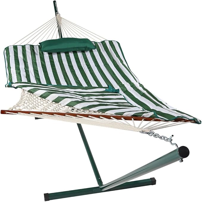 Sunnydaze Rope Hammock with Stand for Outside- 275-Pound Capacity - Includes 12-Foot Hammock Stand, Spreader Bar, Pad, and Pillow - Green & White Stripe
