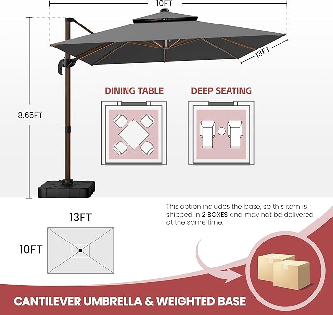 GENTEACO 10x13FT Rectangle Cantilever Patio Umbrella w/Base Included, Deluxe Wood Pattern Pole & 7 Angle Tilts, 360° Rotation, Offset Hanging Market Umbrellas for Garden Pool Patio, Grey