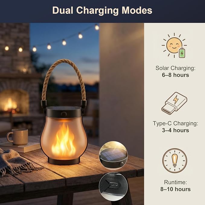Solar Lanterns Outdoor Waterproof 8-Pack, Flickering Flame Effect | Rechargeable lanterns with USB-C charging, a decorative hanging design, and dusk-to-dawn use for patios, porches and gardens