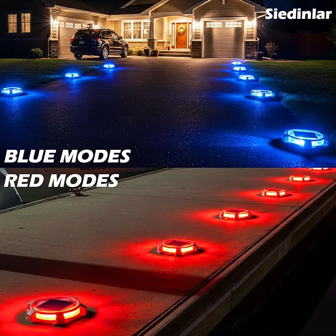 SIEDiNLAR Solar Deck Lights Outdoor 2 Modes LED Driveway Markers Dock Light Solar Powered Waterproof for Step Walkway Ground Stair Pathway Yard Road Garden 4 Pack (Blue/Red)