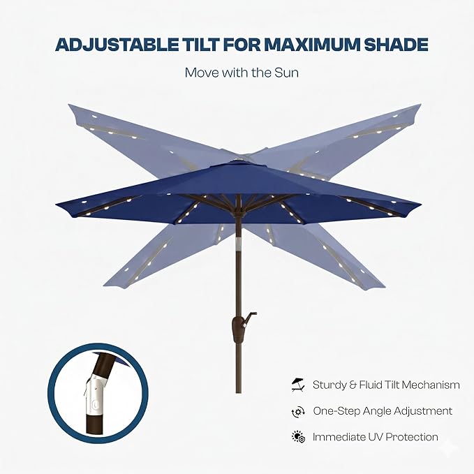 10FT Solar Patio Umbrella with Lights, Outdoor Table Market Umbrella with 32 LED Lights, 8 Sturdy Ribs, Push Button Tilt and Crank for Pool, Deck and Garden, UV-Resistant