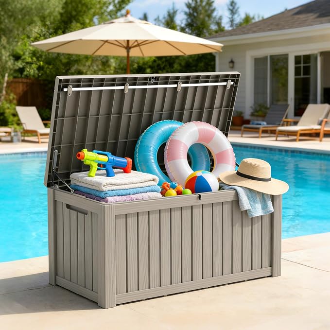 Mars Villa 120 Gallon Outdoor Storage Box, Resin Deck Box Waterproof for Patio Furniture Cushions, Pool Supplies, Gardening Tools, Weatherproof and UV Resistant, Grey