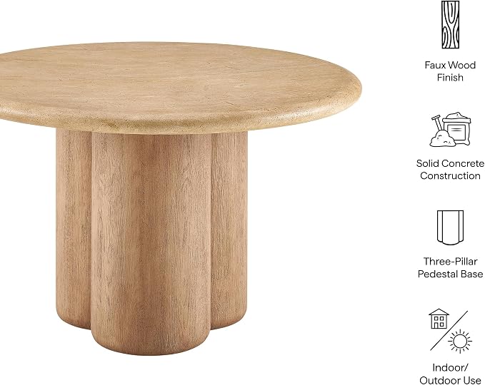 Modway Tori 48 Inch Round Concrete Outdoor Dining Table in Travertine - Modern Patio Bistro Table, Seats 4, for Backyard, Balcony, Sunroom, Deck, Or Indoors