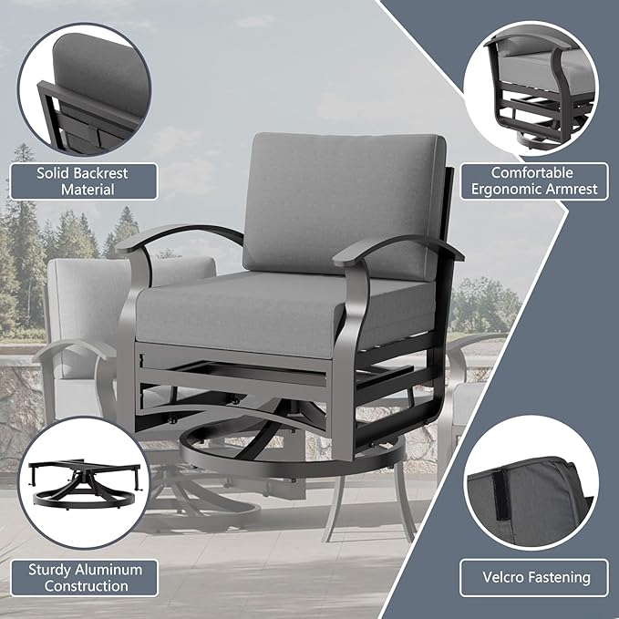 Aluminum Outdoor Patio Furniture Set,5 Seats Patio Conversation Sets with 2 Ottomans,Metal Patio Sectional Furniture Set with 2 Swivel Rocking Chairs,Grey