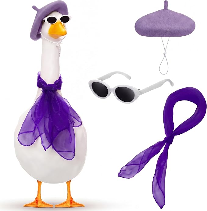 Yaomiao 3 Pcs 50s French Porch Goose Outfit Set for 23'' 17'' Cement Lawn Goose Costume Beret Hat for Carnival Statue Decor (Purple)