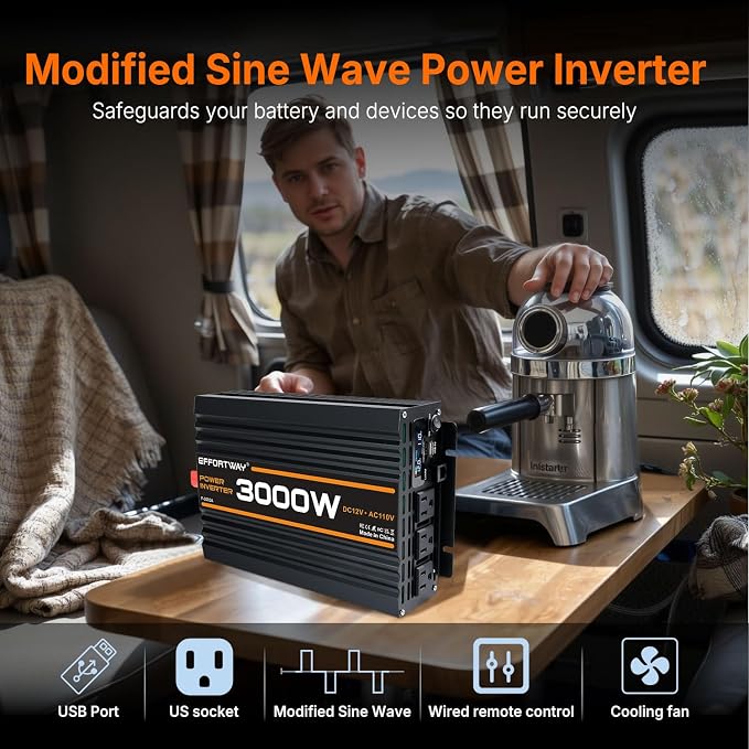 3000W Power Inverter, 12V DC to 110V/120V Modified Sine Wave Inverter with 3 AC Outlets, USB Port, Wired Remote Controller, Car Power Inverter for RV, Truck, Boat, Camping, Off-Grid
