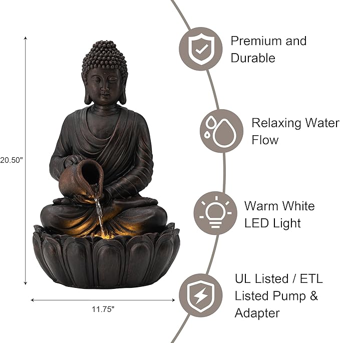 Glitzhome Buddha Fountain Outdoor 2 Tier Zen Style Buddha Water Fountains with Pump & LED Light, Buddha Fountains and Waterfalls Outdoor Floor Fountain Buddha Statues for Garden Patio Backyard 20.5"H