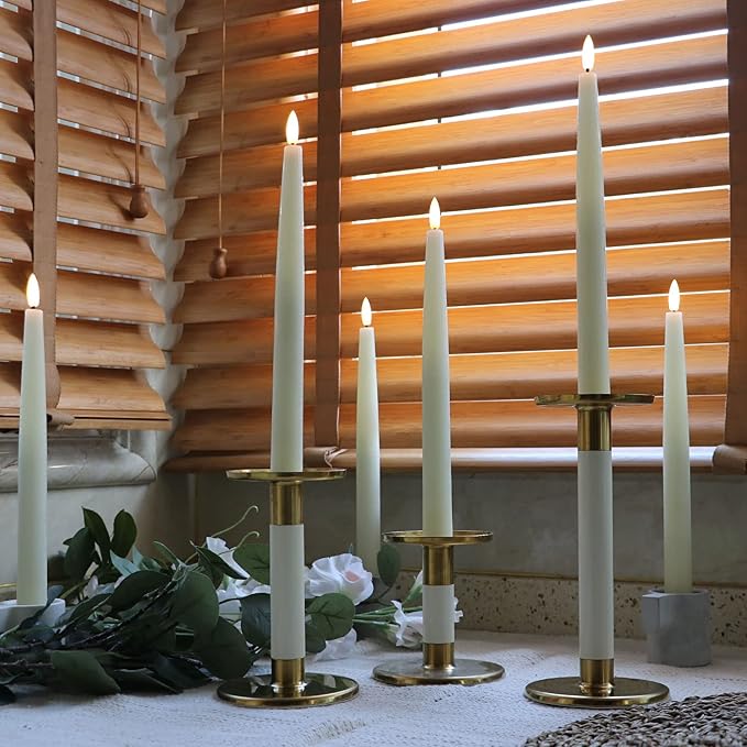 Rhytsing 11.4" Flameless Taper Candles with Timer Function, Battery Operated Dinner Tall Candlestick Rustic Wax, Warm White LED, 2 Remotes Included - Set of 6 (Ivory)