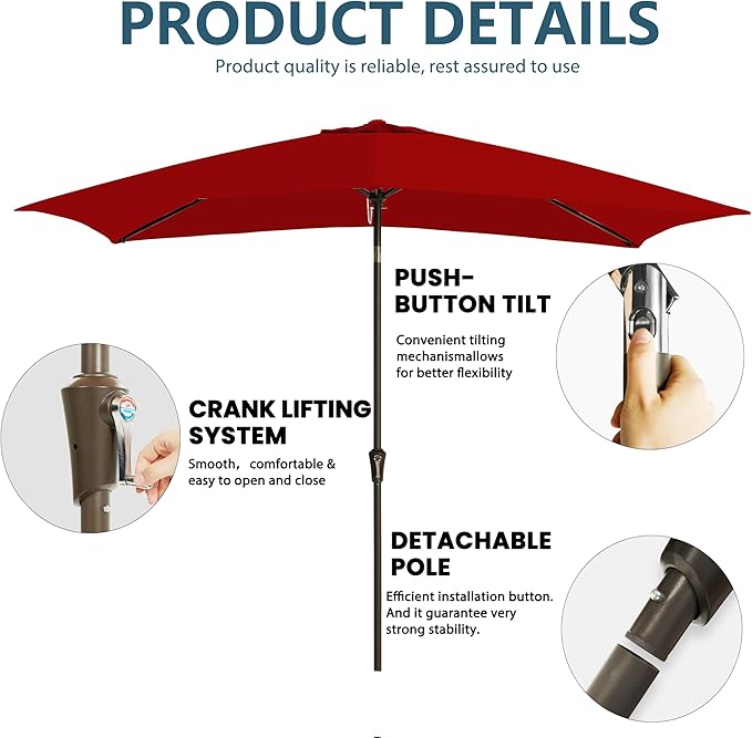 6.5x10FT Rectangular Patio Umbrella with Push Button Tilt & Crank Lift for Garden,UV Protection Outdoor Umbrella for Deck,Pool and Yard,Red