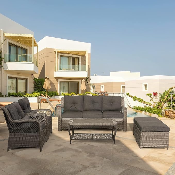 HOMREST 6 Piece Patio Furniture Set, Wicker Outdoor Conversation Sofa Set w/ 2 Ottomans, Storage Coffee Table, Rattan Outdoor Sectional for Deck Backyard Porch (7 Seats, Gray)