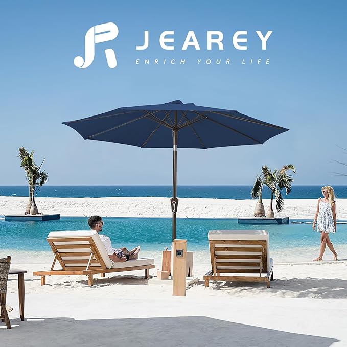 JEAREY 9FT Outdoor Patio Umbrella Outdoor Table Umbrella with Push Button Tilt and Crank, Market Umbrella 8 Sturdy Ribs UV Protection Waterproof for Pool, Deck, Backyard, Garden (Blue)