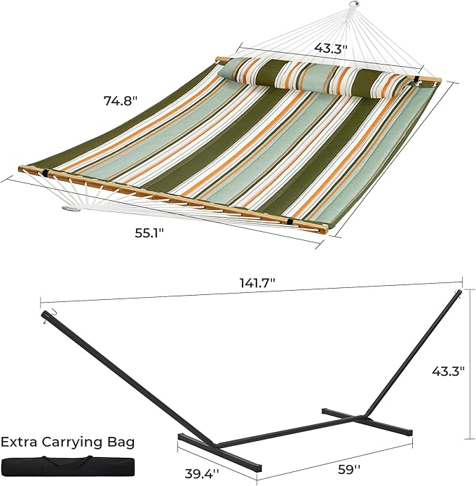SUPERJARE Hammock with Stand, 2 Person Quilted Outdoor Hammock, Detachable Pillow & Bamboo Spreaders, Portable Hammock with Carrying Bag, Heavy Duty Stand, Perfect for Outside, Patio, Retro Green