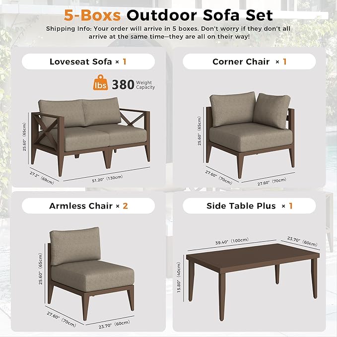 Aluminum Outdoor Patio Furniture Set,5-Seats Conner Patio Sectional Conversation Sofa with 5.2" All-Weather Cushions and Coffee Table,Rust-Resistant Frame Sofa for Deck, Porch, Garden (Brown)
