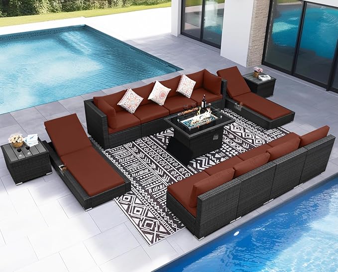 NICESOUL 13 Piece Outdoor Furniture with Fire Pit, Luxurious Wicker Patio Conversation Sets with Lounger, Sturdy 500 Lbs Heavy Duty 10-Person Deep Wide Outdoor Couch Set for Deck, Lawn, Grey&Burgundy