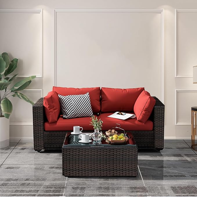 3 Piece Patio Furniture Set All Weather PE Rattan Outdoor Sectional Sofa Couch with No-Slip Cushions and Glass Top Table for Garden, Poolside, Backyard (Red)