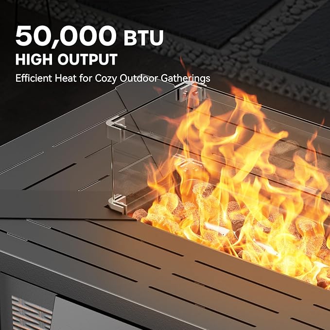 Patio Furniture Set with Fire Pit Table, 6PCS Patio Conversation Set Brown Resin Wicker Patio Chair Sofa Ottoman with 43in Rectangular Iron Outdoor Fire Table PE Rattan Furniture