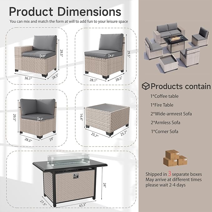 7-Piece Outdoor Patio Furniture Set with Fire Pit, Modular Sectional Sofa Set with Glass Coffee Table and Cushions, Wicker Outdoor Couch Conversation Sets, Gray