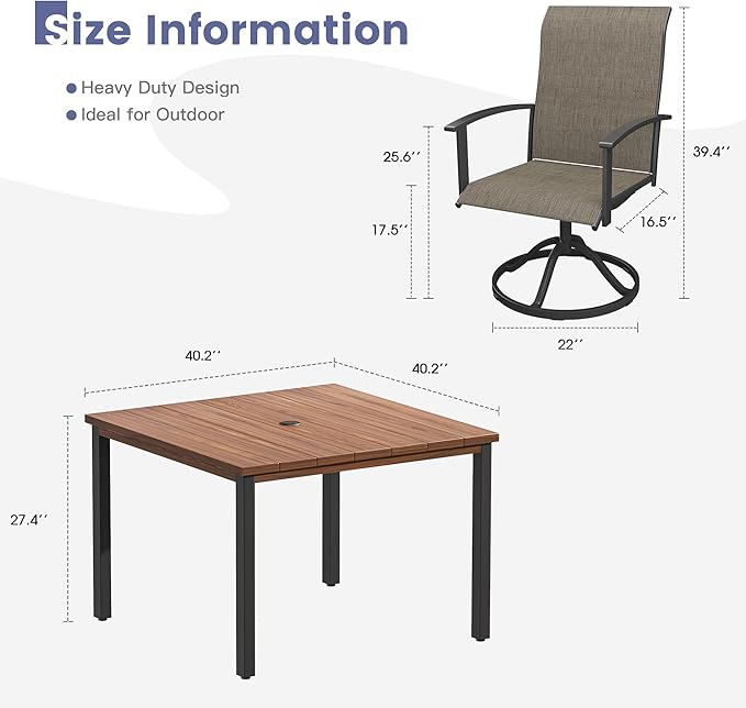 VICLLAX 5 Pieces Patio Dining Set, Patio Furniture Set of Metal Outdoor Table with Umbrella Hole and 4 Swivel Patio Chairs for Backyard Lawn, Mixed Brown & Walnut