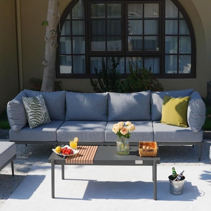 Sundale Outdoor 4 Pieces Patio Furniture Set, Metal Sectional Sofa Patio Conversation Set with 6 Inch Cushions, Modern Patio Corner Couch for Balcony, Porch, Sunroom (Grey/Dark Grey)