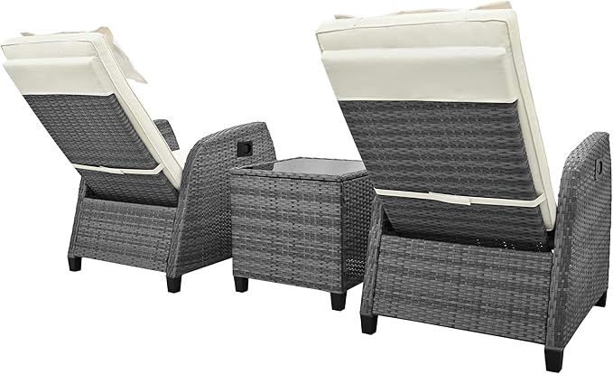 Merax Patio Conversation Set, Outdoor Rattan Chairs Set, Two-Person Combination with Coffee Table, Adjustable Chair, Suitable for Courtyard/Swimming Pool/Balcony, Beige