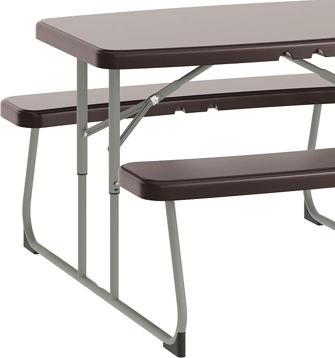 Flash Furniture Paige Easy-Fold Kids Outdoor Picnic Table and Benches - Commercial Grade Folding Plastic Play Table - Recommended for up to Age 5 - Brown