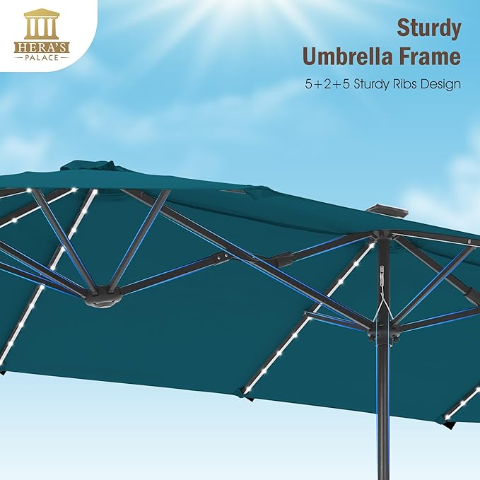 HERA'S PALACE 13ft Patio Umbrella with 120 LED Solar Lights Double Sided Outdoor Umbrella for Patio 8 Colors Changing Table Umbrella Outdoor Patio for Garden Pool