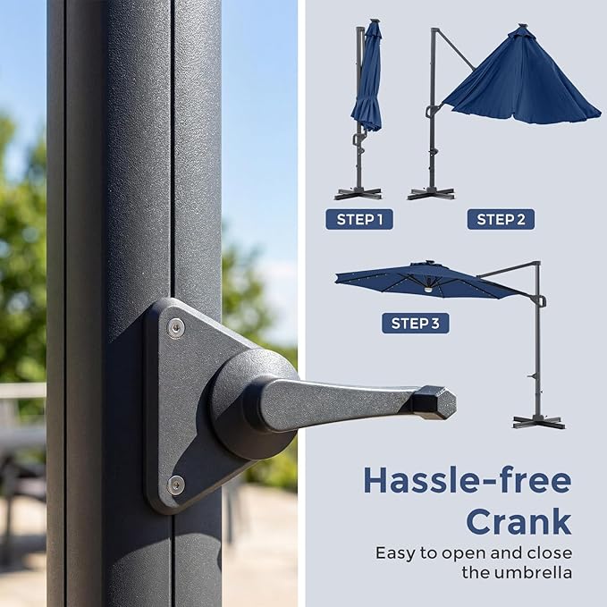 Tangkula 10ft Patio Umbrella with Solar Lights, Offset Cantilever Square Outdoor Umbrella with 35 LED Lights, Aluminum Pole, 360 Degree Rotation, Tilt Adjustment, Air Vent for Pool Deck Yard (Navy)