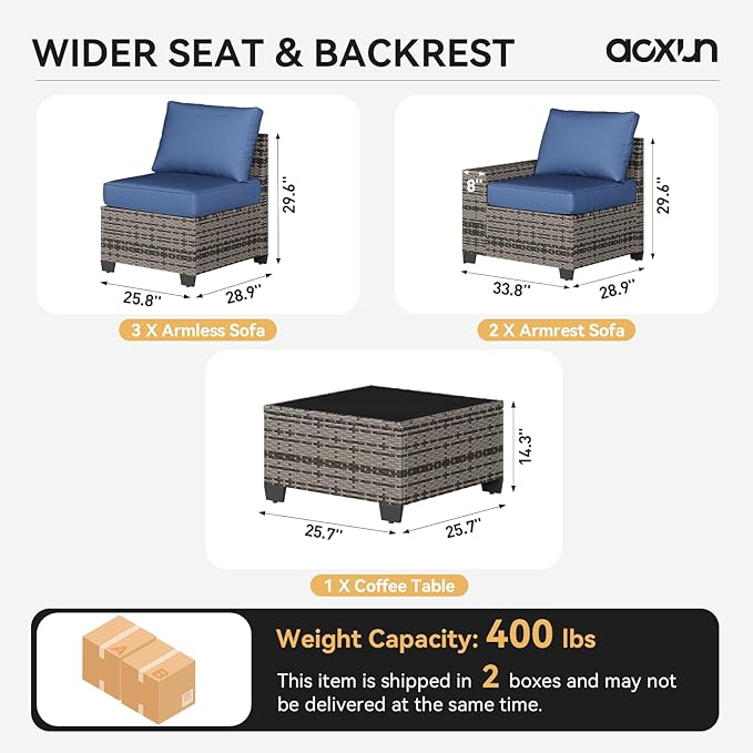 Aoxun Patio Furniture Set, 6 Pcs Outdoor Patio Furniture Sets with 4in Thicken Cushion, Widen Armrests Wicker Outdoor Sectional for Backyard (Waterproof Cover Include)