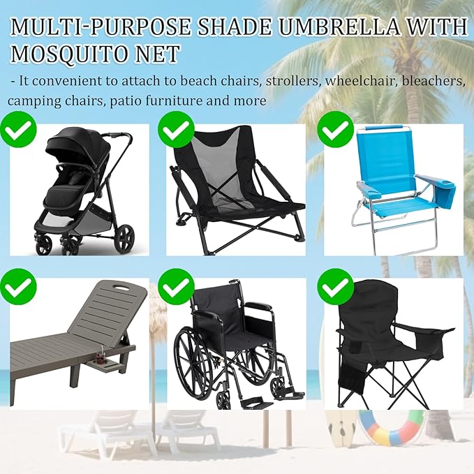 41.2" Umbrella with Mosquito Net for Beach Chairs, Stroller, Camping, Include Adjustable Universal Clamp, Drawstring Bag, Sandbags, Portable Sun Umbrella with Mosquito Mesh, Not Include Chair