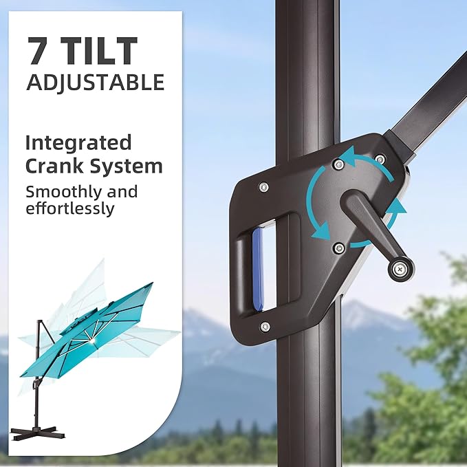 10 X 13 FT Cantilever Patio Umbrella with Led Lights Heavy Duty Windproof Double Top Large Rectangle Offset Umbrellas with 360-degree Rotation for Garden Pool Deck Backyard, Turquoise