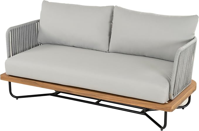 Christopher Knight Home 3-Piece Patio Furniture Set, Acacia Wood Outdoor Sectional Sofa with Rope Woven & Cushions, 4-Seat Sofa, Loveseat and Coffee Table, Outdoor Conversation Set, Light Grey+Teak