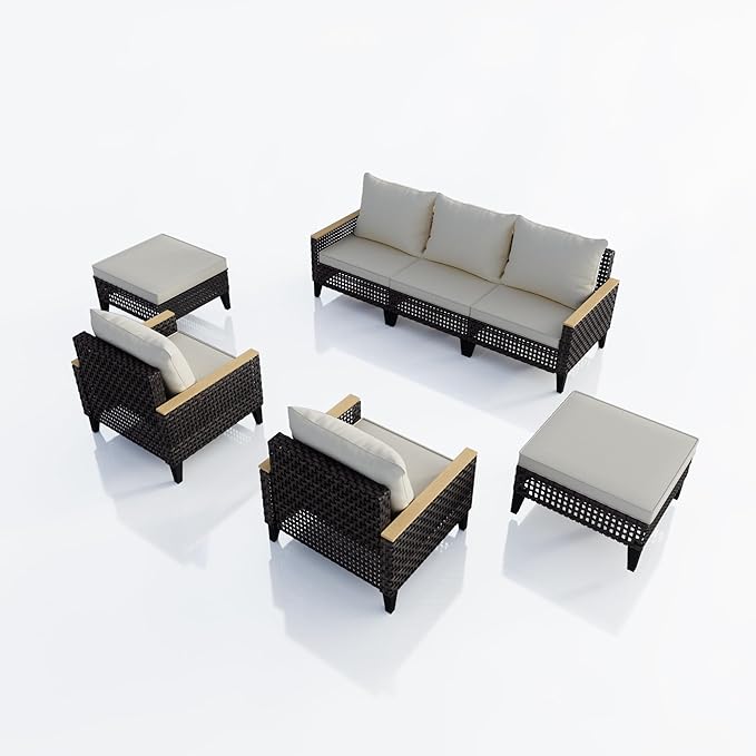 7 Pieces Patio Furniture Set, Outdoor Conversation Sets with Footstool, Wicker Rattan Sofa Couches Chairs Ottomans for Porch, Poolside, Deck, Balcony, Backyard, Yard, Garden (Beige Cushions)