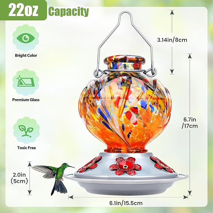 BOLITE Hummingbird Feeder, Hand Blown Glass Hummingbird Feeders for Outdoors Hanging, Ant Moat, 5 Bee-Proof Ports, Leak-Proof, 360° Perch, 22oz, Orange Peony Gifts for Women Men, Gifts for Mom Dad