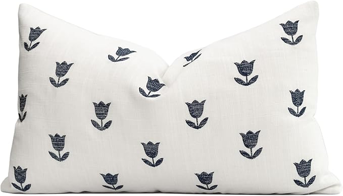 Crumbs Home Coastal Linen Indoor Outdoor Lumbar Pillow Cover Only, 12"x20" Water Repellent for Patio, Backyard, Couch, Neutral Dark Navy Floral
