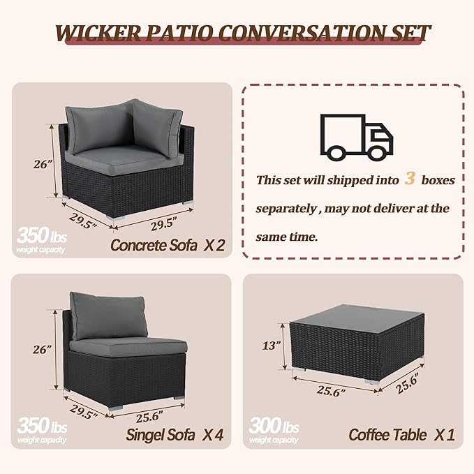 Patio Furniture Set, Outdoor Couch Set—All-Weather Outdoor Furniture Sectional w Water Resistant Thick Cushions, Patio Sofa Set (Deep Gray & Black)