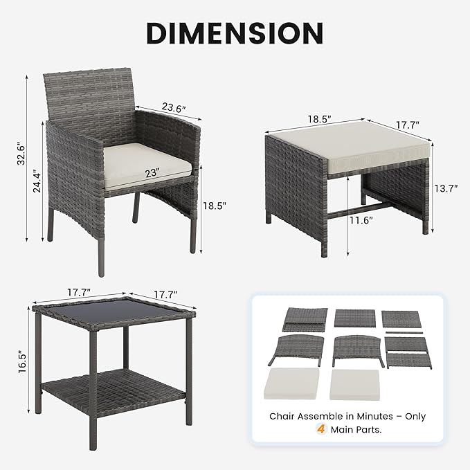 UDPATIO Outdoor Furniture Patio Chairs with Ottoman, Ideal for Balcony, Porch, 5 Piece Patio Furniture Set with Side Table for Deck, Apartment