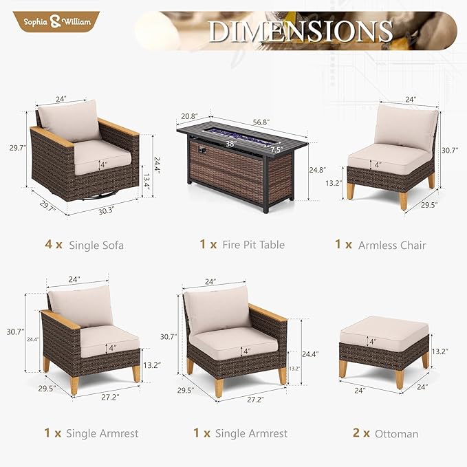 Sophia & William Patio Furniture Set with 56" Fire Pit Table & Swivel Chairs, 10 Piece Outdoor Sectional Furniture Wicker Modular Sofa Couch, Conversation Set for Deck Backyard Lawn, Beige