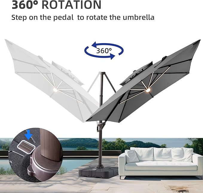 10 X 13 FT Cantilever Patio Umbrella with Led Lights and Base Included Heavy Duty Outdoor Double Top Large Rectangle Offset Umbrellas with 360-degree Rotation for Garden Pool Deck Backyard, Grey