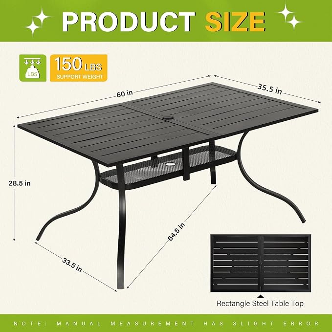 Incbruce Patio Dining Table, 60" x 36" Rectangle Metal Steel Slat Table, with 1.57" Umbrella Hole, for Backyards, Porches, Gardens or Poolside