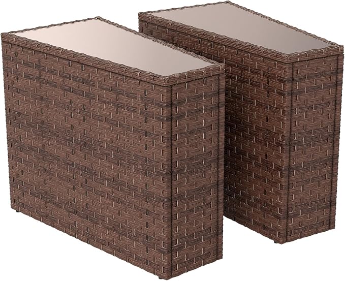 SUNSITT Rattan PE Resin Wicker Patio Side Table 2-Pack Sofa Wedge End Table with Tempered Glass Top, Brown