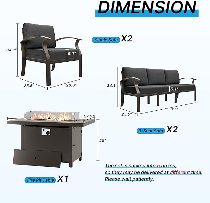 Gotland 8 Seats Outdoor Metal Patio Furniture Set with 55,000 BTU Gas Fire Pit Table w/Glass Wind Guard Patio Conversation Sectional Sofa Sets-Black