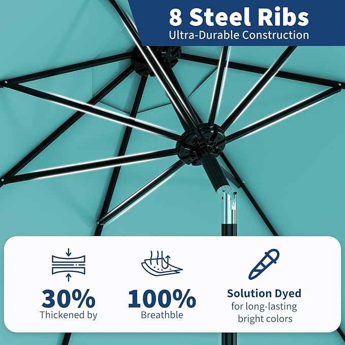 Garvee 9 ft Outdoor Patio Umbrella 8 Sturdy Ribs Outdoor Table Umbrella with Crank Lift & Push Button Tilt - UV Protection Waterproof Market Umbrellas for Pool, Deck, Yard, Garden, Lake Blue