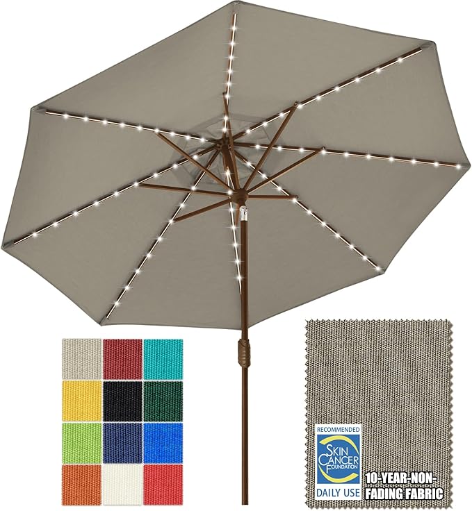 EliteShade USA 10-Year-Non-Fading 9ft Market Patio Umbrella, Commercial Grade Table Sun Umbrella with 80 Solar LED Lights, Crank Open, Windproof & UPF 50+ UV Protection for Garden, Deck, Pool, Backyard, Taupe